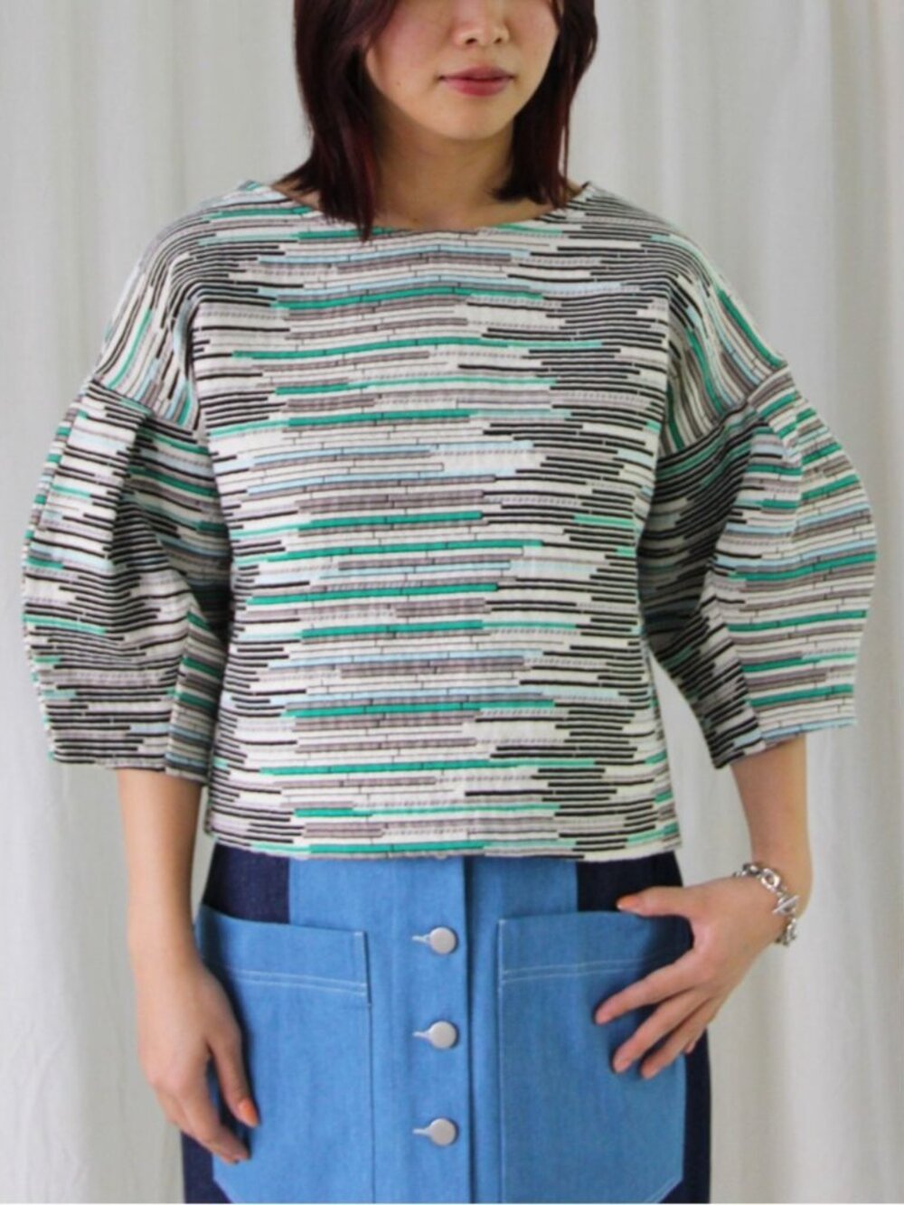 Eve Gravel Striped Boxy Blouse in White, Black & Teal
